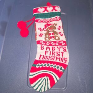 Vintage Baby's First Christmas Knit Stocking - Red, White & Green